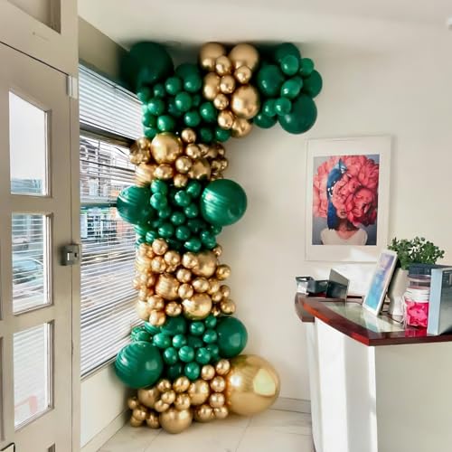 Image of Lukiituke Green and Gold Balloons, 75Pcs Dark Green Balloons | 12in and 5in Latex Balloons for Birthday, Graduation, St.Patrick's Day, Jungle Party Decorations