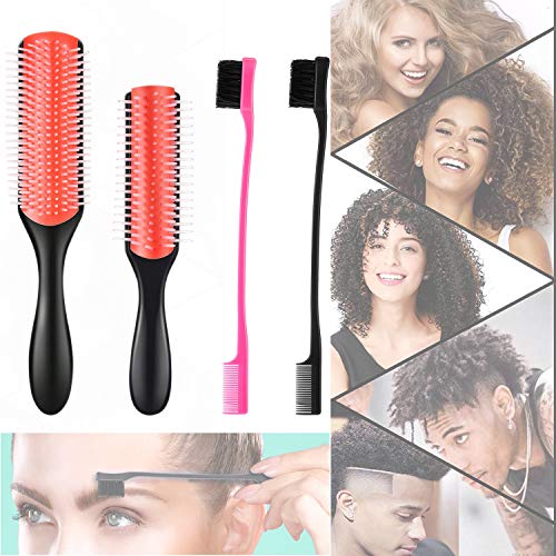 4 Pieces 9-Row Cushion Nylon Bristle Styling Brushes Removable with Anti-static Rubber Pad Massage Hair Brush Curly Hair Brush for Separating, Defining Curls with 2 Pieces Edge Brush