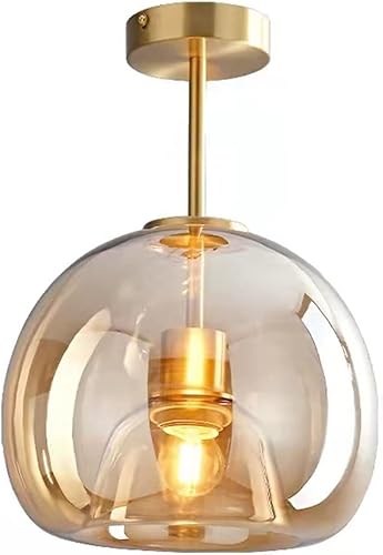 Lámpara de techo semiempotrada de cristal dorada con pantalla de vidrio ámbar, lámpara de techo moderna de mediados de siglo para pasillo,