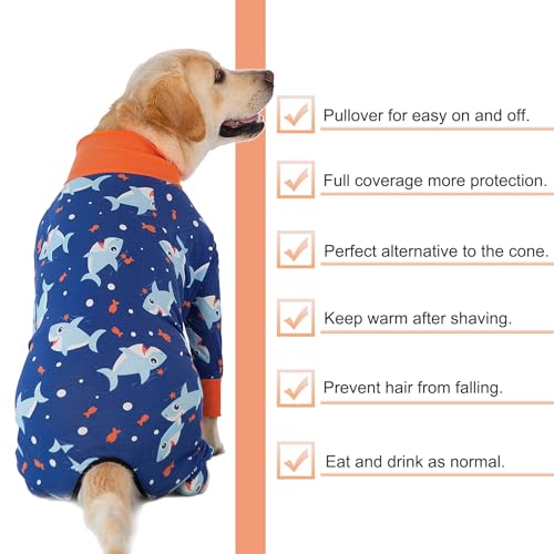 Yeapeeto Einteiler für Hunde, zur Erholung, für große und mittelgroße Hunde, Schlafanzug, Ganzkörper für Haarausfall, Allergien, Anti-Lecken, Wundschutz, Kegel-Alternative(4XL, Blau-Hai)