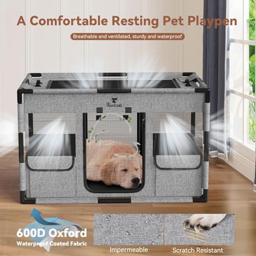 Pawaboo Welpenauslauf Extra Groß Haustier Laufstall, Tragbar Handtasche Hundebox für Katze Hunde, Hund Laufgitter, Verdickt PVC Rohr Rahmen, Groß, Schwarz/Grau