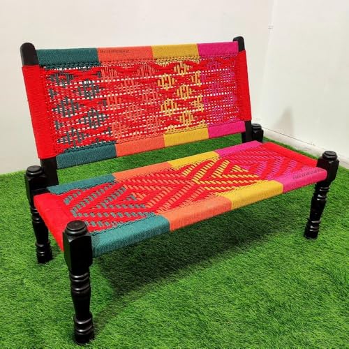 Image of Srima Wooden Bench for Living Room | Handcrafted Sheesham Wood Backrest Bench for Balcony & Garden | Traditional Rajasthani Patio for Outdoor with Cotton Handwoven Rope | Colorful