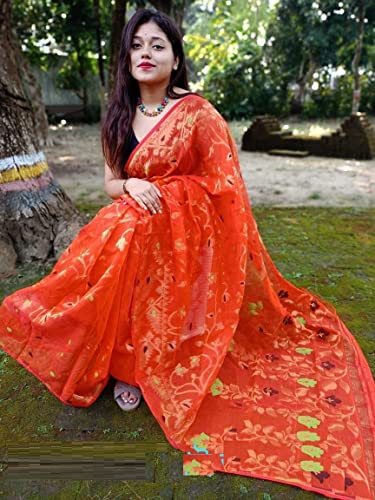 Sari bengalí tradicional de algodón suave jamdani naranja de 5.5 metros 3