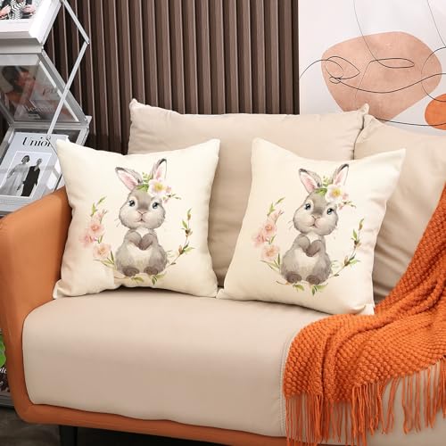 BYONEESS Easter Pillow Covers 18x18 Inch Set of 2 Easter Pillowcase Bunny Rabbit Decoration Easter Day Premium Linen Throw Cushion Case Resistant Home Decor for Bed Sofa and Car — view 4