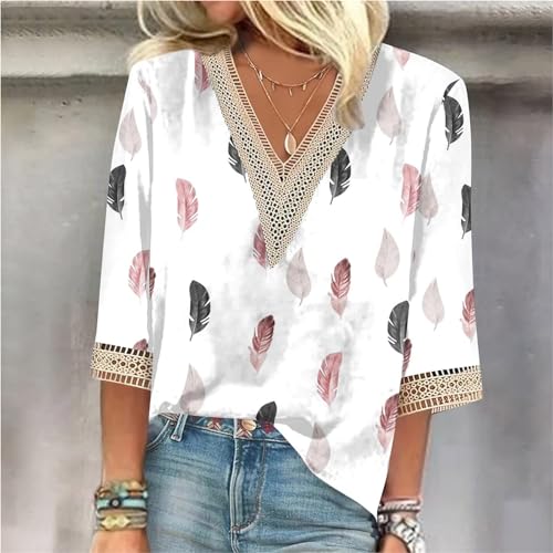 Camisetas femininas modernas de verão, manga 3/4, renda e gola V, blusas estampadas florais de féria
