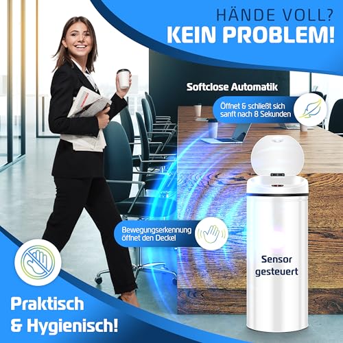 KESSER® Sensor Mülleimer ✓ Automatik ✓ Abfalleimer ✓ Abfall | EDELSTAHL | 40 Liter Weiß – Bild 4