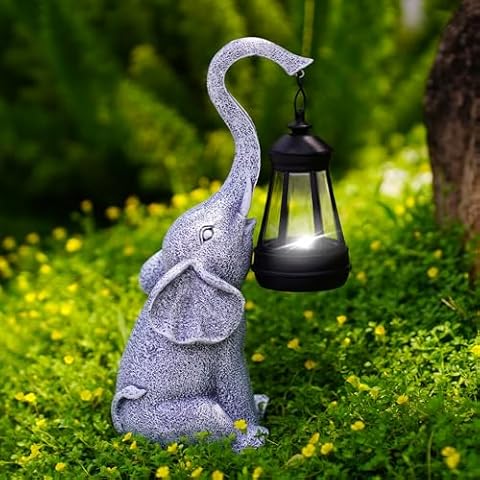 Fashionoda Elephant Statue with Solar Lantern - 10.8 Inch Elephant Decor Outdoor Statues for Garden Decor Outside : Elephant Birhtday Gifts for Women, Mom or Grandma Cover