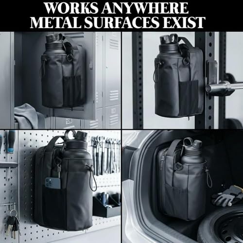 Image of Magnetic Gym Bottle Holder Bag with Storage Pockets, Zippered Compartments & Phone Mesh Pocket - Water Bottle Carrier for Gym Rack, Locker, Car and Fitness Equipment | Holds up to 3 kg