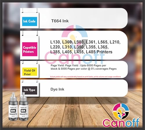 Image of CANOFF T664 Black Refill Ink Compatible for Epson L130, L360, L380, L361, L565, L210, L220, L310, L350, L355, L365, L385, L405, L455, L485 Printers (T664 Black 2pc.)