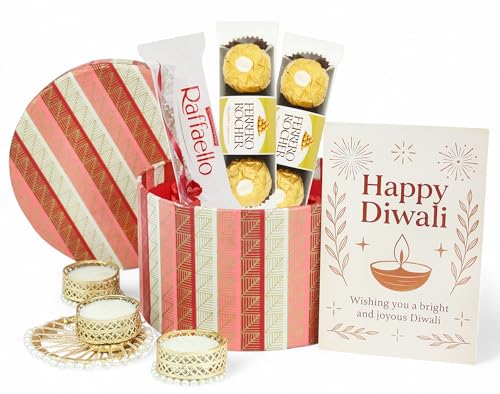 DelightBox Luxury Diwali Chocolate Hamper with Pearl Tealight Holders & Greeting Card in Elegant Round Gift Box for Festive Celebrations, Family, Friends & Corporate Gifting - Sweet Treats Diwali Box