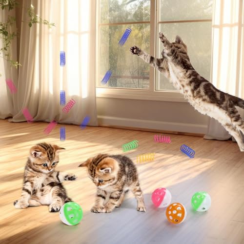 MUAEEOK Katzen-Bällebad mit 106 Katzenspielzeugbällen und 4 Katzenfeder-Spielzeug, interaktives Katzenspielzeug für gelangweilte Indoor-Katzen, Selbstspiel, Katzenanreicherungsspielzeug für