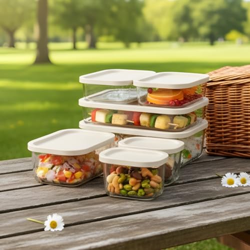 Image of Femora Borosilicate Glass Food Storage Containers with Lids Set of 7 (310ml x2, 520ml x2, 750ml, 1200ml, 1700ml) | Rectangular, Airtight & Leakproof | Microwave & Dishwasher Safe | Beige