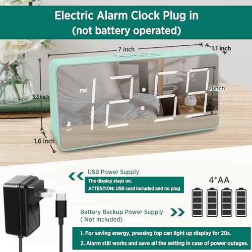 Image of Peakeep Digital Clock, Alarm Clock Battery Backup Powered for Bedrooms - Mirror Face Large Numbers 6 Dimmers for Seniors, Super Loud for Heavy Sleepers (Aqua)