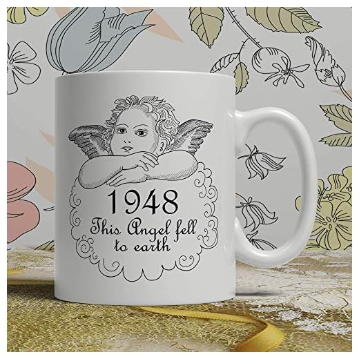 Born 1948 - Taza con diseño de ángel de los 70 años, idea de cumpleaños de 1948, regalo de cumpleaños de 70 años, 70 años, diseño de ángel