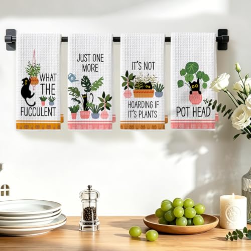 Image of Hanamiya Na 4 Pcs Funny Cat Kitchen Towels, Plant Lover Gifts for Women Gardener Mom, Reusable Waffle Hand Towels for Bathroom Kitchen Home Farmhouse Decor, Cat Lover Gifts for Women, 24x14 Inch