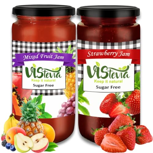 Image of Vistevia Sugar Free Mixed Fruit Jam & Strawberry Jam, Diabetic and Keto Friendly - Sweetened Naturally with Stevia, More Than 60% Fruit Content - Tastes Delicious - Pack of 2 (400 * 2 GM)