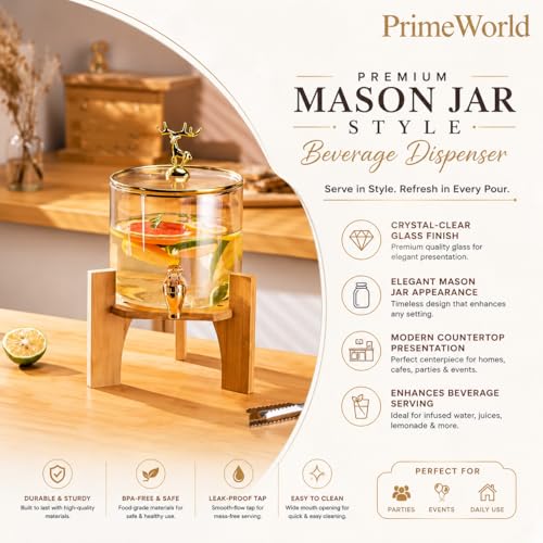 Image of PrimeWorld 1 Pc 2.6 LTR Glass Water Beverage Dispenser with Wooden Stand - Air Tight Lid Glass Pitcher for Detox Water - Mason Jar - Counter Table Top Juice Beer Dispenser for Home Restaurant Party