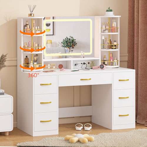 Image of Vanity Desk with LED Mirror and 360 Rotating Makeup Organizer Shelves, White Makeup Vanity with Lights & Charging Station, Large Vanity Table with 6 Storage Drawers Bedroom Makeup Desk for Women Girls