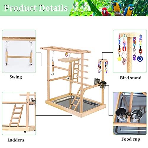 Echaprey Bird Playground Parakeet Cockatiel Playstand Parrot Gym Playground Natural Wood Double Layer Pet Bird Perch Stand with Feeder Bowl Ladder - Thumbnail 4