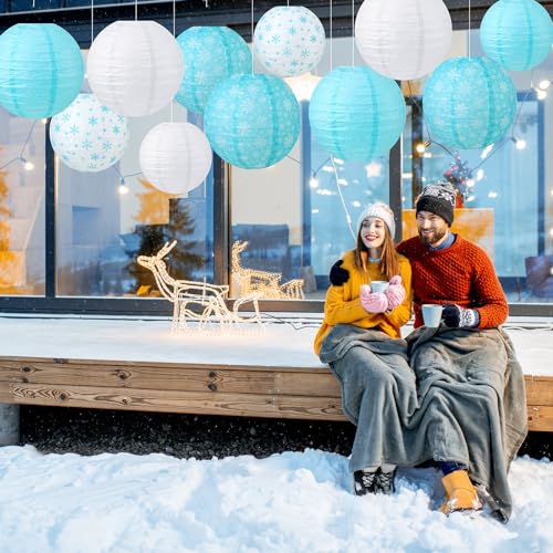 Image of Panelee 12 Pcs Winter Party Decorations Paper Lanterns 8 Inch Blue White Round Hanging Paper Lanterns for Winter Office Classroom Decorations Indoor Outdoor