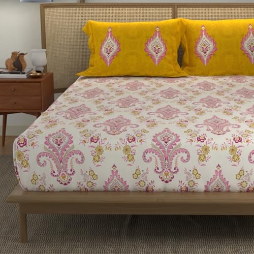 Image of Urban Space - Divine Collection 100% Cotton Double Bedsheet with 2 Pillow Covers, Bedsheet - 90 inch x 100 inch, Motif Mustard