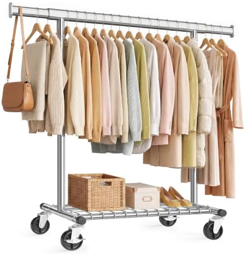 SONGMICS Kleiderständer auf Rollen, ausziehbar, 180 kg | Garderobenständer Metall, (92-132) x 45 x 161,5 cm, Schlafzimmer, Silbern, Pataye Kollektion HSR177E101