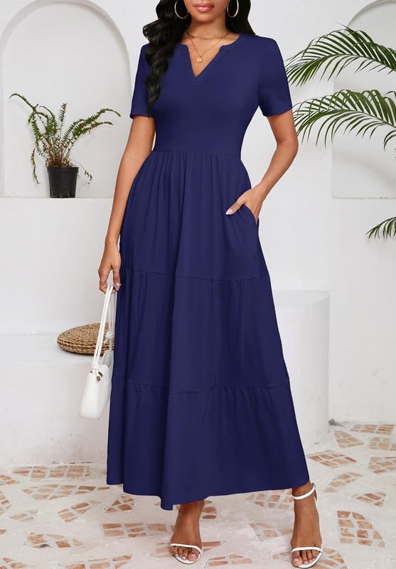 Image of MarryUP Women 2025 Casual Loose Maxi Dress with Pockets V Neck Short Sleeve Tiered Long Summer Beach Swing Dresses