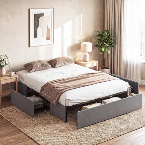 HOMCOM Cadre de lit 140 x 190 cm, lit Double rembourré avec 3 tiroirs, sommier à Lattes, recouvert en Tissu de Lin, Cadre en métal, sans Bruit, Patins...