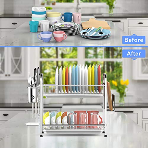Dish Drying Rack, GSlife 2 Tier 304 Stainless Steel Dish Rack with Utensil Holder, Cutting Board Holder and Dish Drainer for Kitchen Counter,Silver - Thumbnail 3