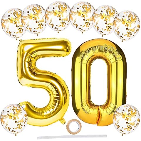 50th Birthday Balloons, Large 40 Inch Helium Number 50 Balloons with 12 Inch Gold Latex Confetti Balloons/Ribbon/Straw, Gold Foil Balloon Set for Men Women 50th Birthday Party Decorations Supplies Cover