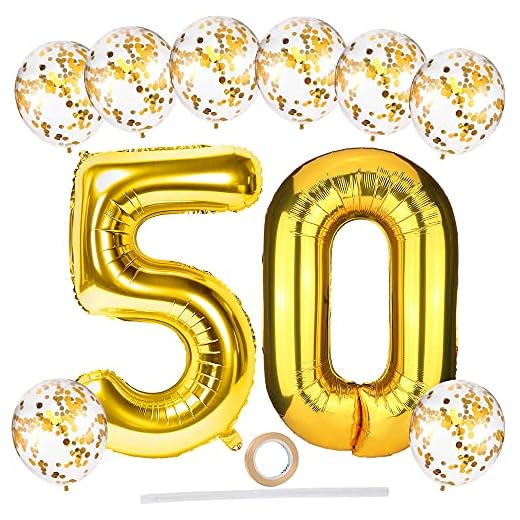 Globos de 50 cumpleaños,grandes globos de helio número 50 de 100 cm con globos de confeti de látex dorado de 30 cm/cinta/paja,juego de globos de papel para hombres y mujeres 50 cumpleaños decoraciones