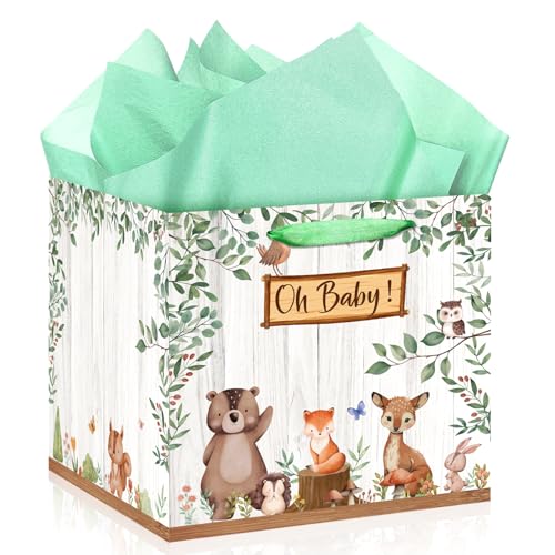 Extra Large Baby Gift Bag Woodland Animal Square Gift Bag Sage Green Baby Shower Jumbo Gifts Bag with Handles and Tissue Papers Oh Baby Wrapping Paper Bag for New Parents Gender Reveal Party Favors