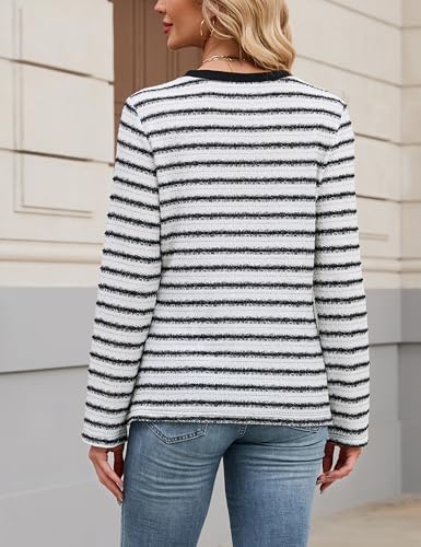 Blooming Jelly Womens Tops Long Sleeve Shirts Striped Tweed T Shirt Dressy Casual Business Crewneck 2025 Fall