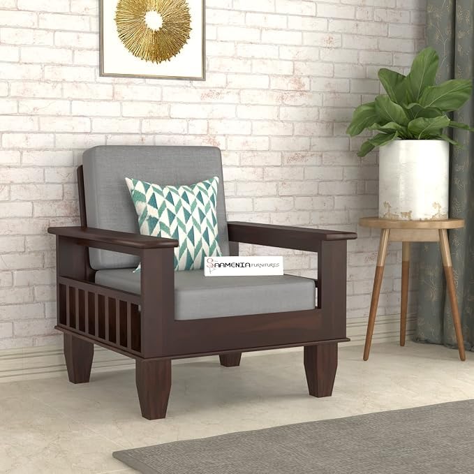Image of Sheesham Wooden 1 Seater Sofa for Living Room | Rosewood 1 Seater Cushion Sofa with Side Newspaper Holder for Home & Office | Solid Wood Sofa Set for Lounge (Walnut Finish)