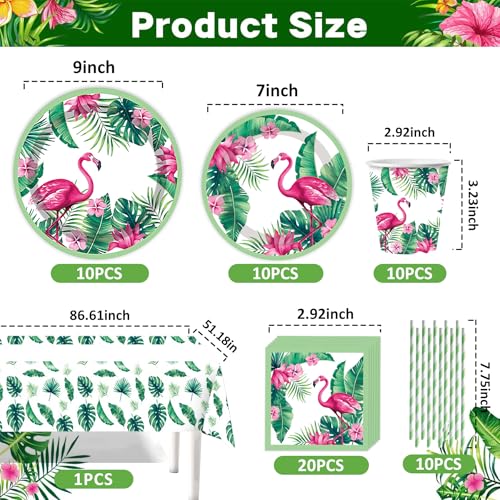 Flamingo Partygeschirr Set,61 Stück Partygeschirr Kindergeburtstag,Tropischer Vogel Pappteller,Hawaii Thema Geburtstag Party,mit Pappteller Becher Servietten Tischdecke Strohhalme,für 10 Gäste