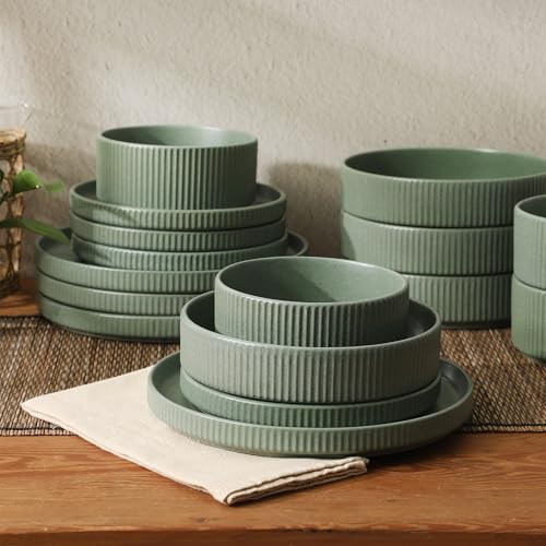 Image of Gibson Elite Deerfield 16-Piece Stoneware Dinnerware Set - Matte Green Stackable Plates and Bowls, Reactive Glaze Finish, Service for 4 - Microwave & Dishwasher Safe