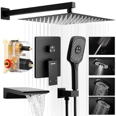 Bietor Shower System with Tub Spout, Wall Mounted Tub Shower Faucet Set for Bathroom, with 10" Rain Shower Head and 4-Setting Handheld Shower Head, Matte Black