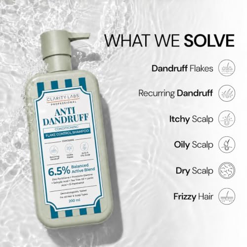Image of Anti Dandruff Shampoo with 6.5% Balanced Active Blend | 2% Zinc Pyrithione, Piroctone Olamine, Tea Tree Oil, Salicylic Acid, Argan Oil & Neem | Dandruff Control, Itchy Scalp & Flake Removal Shampoo for Men, Women, Boys, Girls & Teens | Sulphate Free | 200ml | Clarity Labs