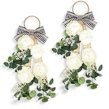 2 Pcs Eucalyptus Wreaths for Front Door Farmhouse Artificial Swag Flowers Peony Swag for Wedding with Ribbon Tie Faux Dahlia Wreath for Wall Front Door Accent Party Decor, 17.7'' (Green, Plaid Bow)