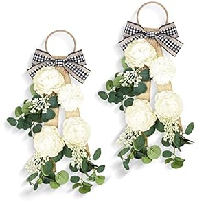 2 Pcs Farmhouse Green Eucalyptus Wreath Artificial Swag Flowers Hydrangea Door Swag with Ribbon Tie Faux Pompom Flower Swag for Wall Front Door Accent Party Wedding Decor, 17.7 Inch (Green, Plaid Bow)