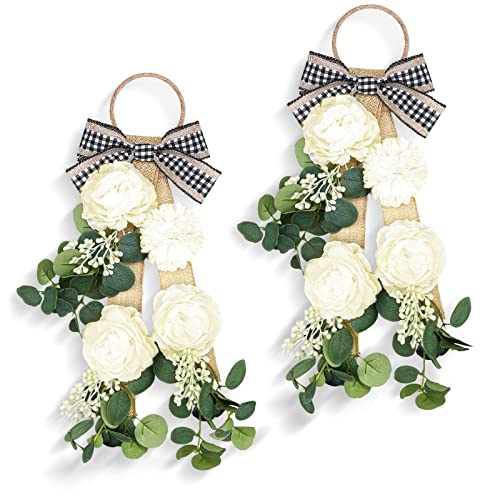 2 Pcs Farmhouse Green Eucalyptus Wreath Artificial Swag Flowers Hydrangea Door Swag with Ribbon Tie Faux Pompom Flower Swag for Wall Front Door Accent Party Wedding Decor, 17.7 Inch (Green, Plaid Bow)