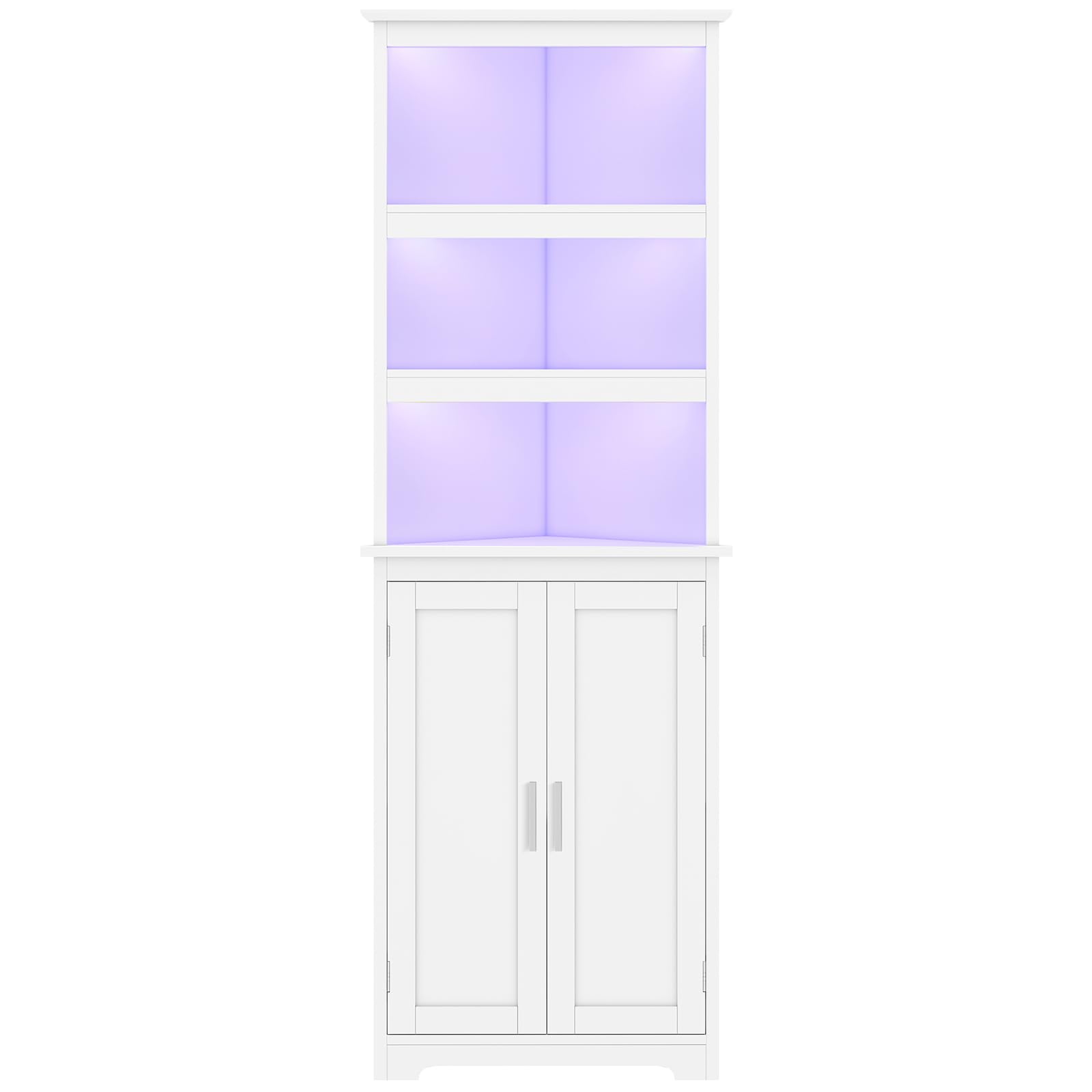 Tall Corner Cabinet with LED Lights, 5-Tier Corner Storage Cabinet with Doors, Corner Bathroom Cabinet, Living Room, Dining Room, White