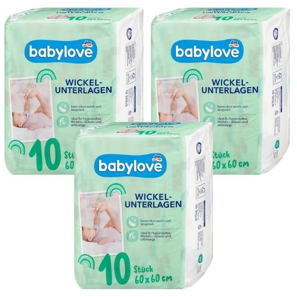 Wickelunterlagen für Babys, Hygienische Einlagen, Recyclingmaterial, Chlorfrei, Parfümfrei, Latexfrei 30 stück 60x60 cm von babylove (Wickelunterlagen)
