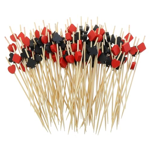 ZZHXSM 100pcs Black and Red Poker-Shaped Bamboo Cocktail Picks Fruit Food Burger Toothpicks Cupcake Decorations Sandwich Appetizer Skewers Drink Garnish Casino Party Decor Sticks