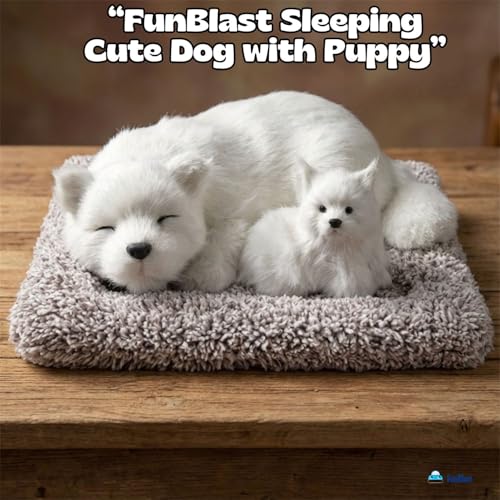 Image of FunBlast Sleeping Cute Dog with Puppy - Realistic Soft & Lifelike Pet Puppy with Bed for Car Dashboard and Home Decor, Sleeping Dog Soft Toy (White)