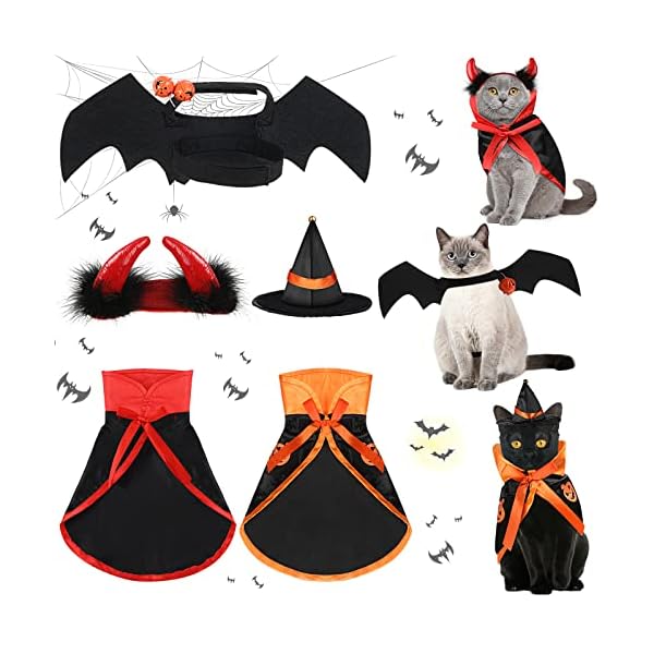 Potchen 5 pcs halloween vampire costume for cat, devil witch hat for cat, pet cat bat wings, cat pumpkin witch pet cape vampire costume for puppy cat cosplay dress up accessories