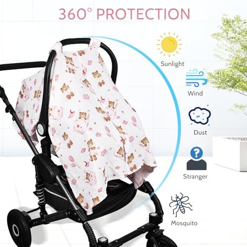 Image of Car Seat Cover Baby Girls Boys, Summer Cotton Baby Car Seat Cover for Carseat, Comfortable Muslin Nursing Cover, Soft Baby Blanket, Breathable Lightweight Infant Stroller Canopy, Pink Bear