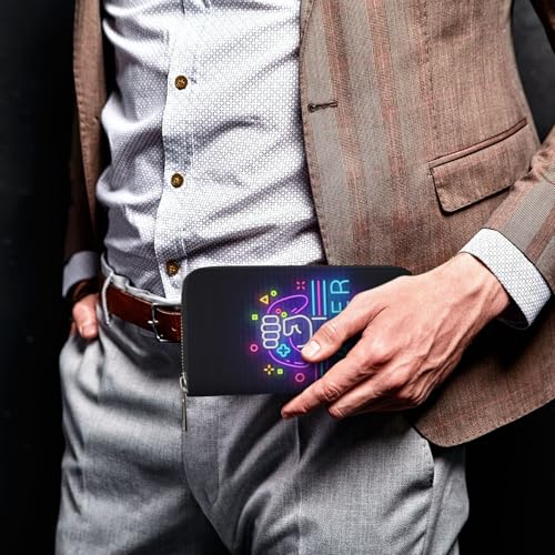 Wallet for Men PU Leather Credit Card Wallet, Cool Cash Clutch Long Purse Billfold with Zipper Coin Pocket Gift for Him Husband and Boyfriend Gamer Play Win Game 0303