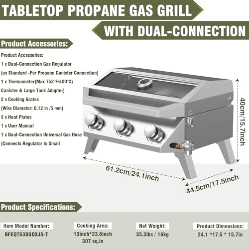 Image of BESTFIRE Portable Propane Grill, 3-Burner Tabletop Gas Grill with 2-in-1 Connection for 1lb /20lb Tanks, 30,000 BTU Stainless Steel BBQ with Observation Window & Thermometer for Outdoor, Tailgating