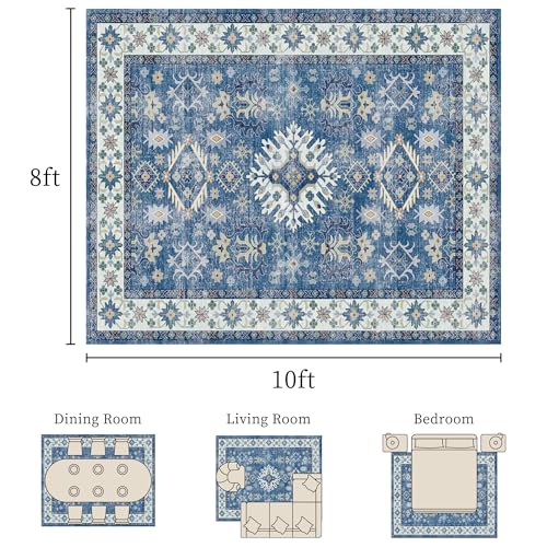 Vintage 8x10 Washable Area Rug, Low-Profile Large Area Rug with Non-Slip Backing & Durable Edge Binding, Pet-Friendly Carpet, Large Rug for Living Room, Bedroom, Dinning Room